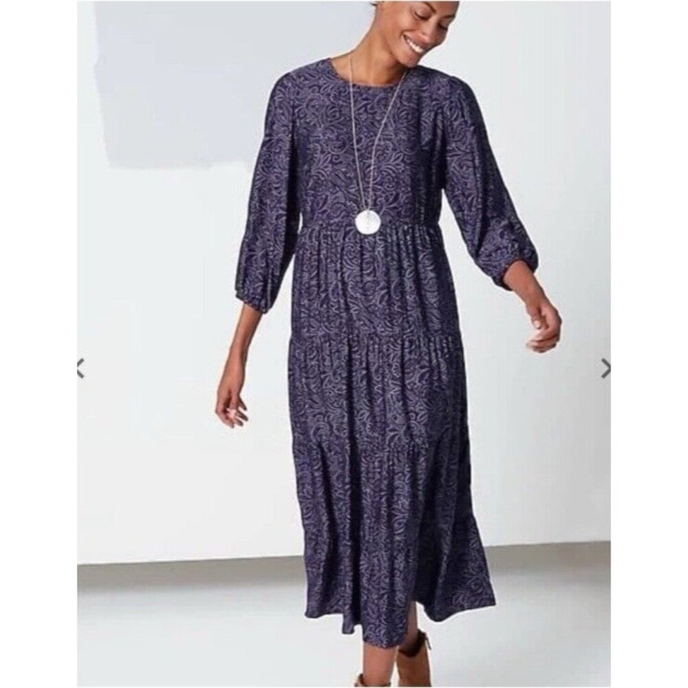 J Jill Midi Dress Large Smocked Tiered Purple Pink Paisley Washable New